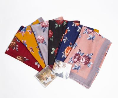 China Wholesale Daily Life Rose Canvas Cotton Scarf 80*180cm Flower Printed Scarf New 2021 Long For Women Manufacturers for sale