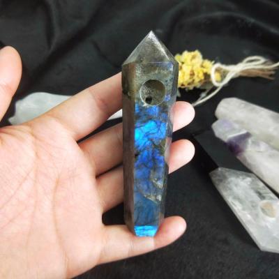 China China people open natural crystal weed pipe labradorite crystal cutting pipes for feng shui decoration for sale