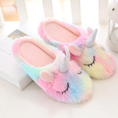 China Lightweight Cute Comfortable Indoor Women Unicorn Animal Plush Slippers For Bedroom Kid Slipper Rainbow for sale