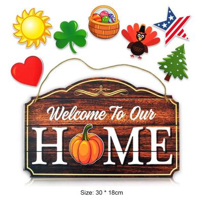 China No Hot Selling Plate Seasonal Interchangeable Wooden Welcome Sign DIY Wooden House Main Entrance Hanging Sign for sale