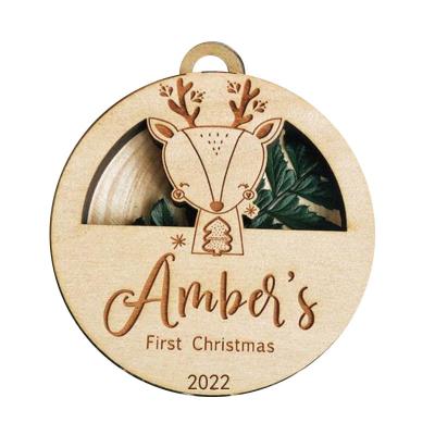 China Custom Europe Baby's First Christmas Name Ornament Bauble Engraved Wooden Christmas Tree Decorations Hanging Room Gift Home Decor for sale