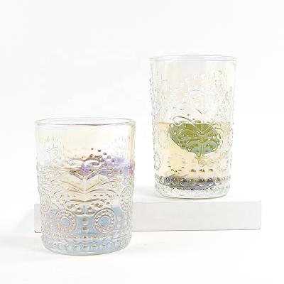 China Machine Made Lead Free Short Embossed Glass, Stemless Tumbler Glass with Gold Frost and Plating Effect for sale