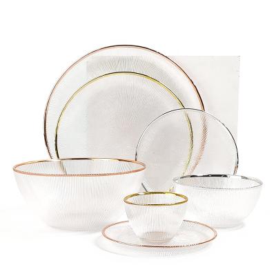 China Wholesale Viable Luxury High End Clear Western Food Wedding Party Glass Plates Charger Dish With Rose Gold for sale