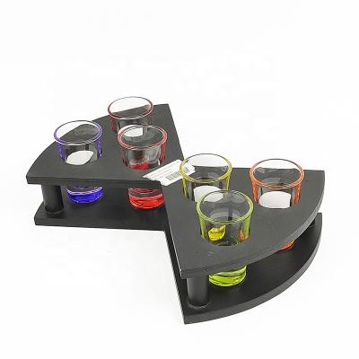 China Viable for shot glass set wholesale color set of 6 soda lime glass shot glasses with holder party use spirit wooden glass with colored bottom for sale