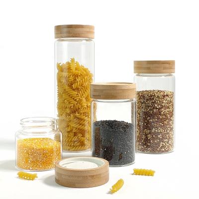 China Freshness Keeping Wooden Lid Canister Kitchen Storage Glass Airtight Bottles Knock Food Container Coffee Beans Beans Candy Jars Containers for sale