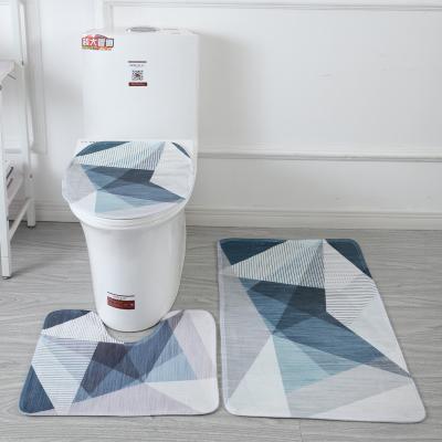 China Sustainable Modern Custom Flannel Geometric 3d Figure Printed Toilet Three Piece Non-Slip Foot Mat Absorbent Bathroom Bath Mat Sets for sale