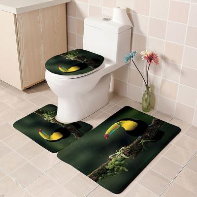 China Customized Viable Three-piece Non-slip Foot Mat Absorbent Bathroom Bath Mat of 3d Cat Butterfly Printed Flannel Toilet place for sale