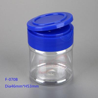 China Hot Sale 70ml Multipurpose PET Plastic Spice Bottle Little Salt Container With Different Caps for sale