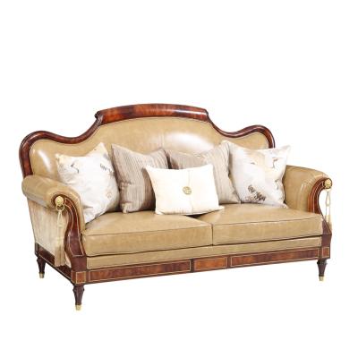 China New Antique Style American Classic Wood Leather Convertible Sofa Furniture Hand Carved Mahogany Rustic Sofa for sale