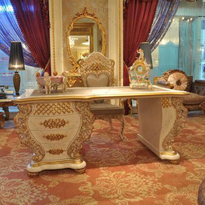 China European Classic Royal Gold Study Room Office Table Desk Chairs Wood Carved Handcrafted Home Furniture Sets Villa for sale