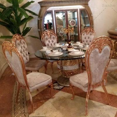 China European Classic Royal Luxurious Carved Dining Room Furniture Set Antique Carved Wooden Gold Dining Table Chairs Wine Cabinet Sets for sale