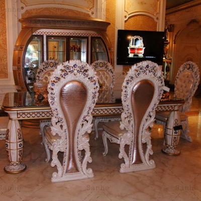 China European Antique Classic Royal Luxurious Cut Out Dining Room Furniture Set For Dining Table Wine Cabinet Wood Cut Out Chairs for sale