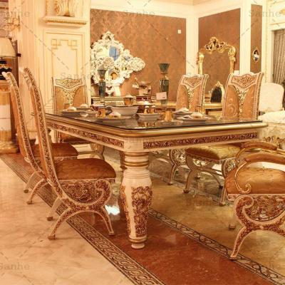 China Royal Antique Luxury Carved Wooden Dining Table and Chair Set (Other) Gold Adjustable For European Vintage Dining Room Furniture Sets for sale