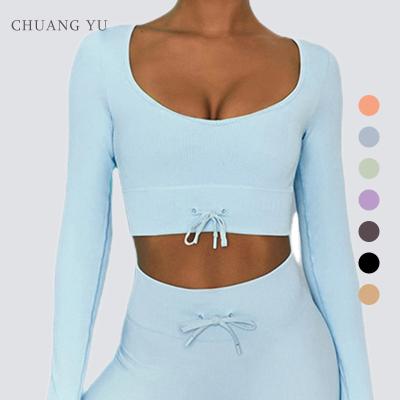 China QUICK DRY Big U collar strap Solid color long sleeve shorts women's fitness breathable yoga set for sale