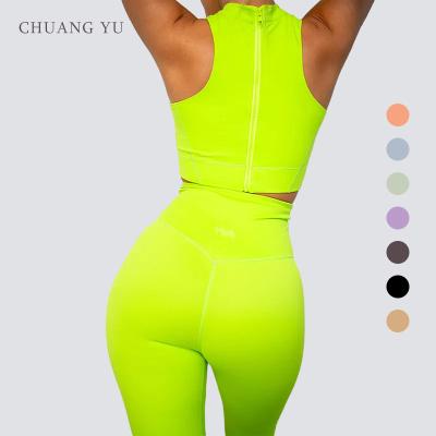 China 2022 ChuangYu New Design Zipper Back High Waist Butt Lift Yoga Breathable Fitness Sleeveless Custom Logo Sets For Women for sale