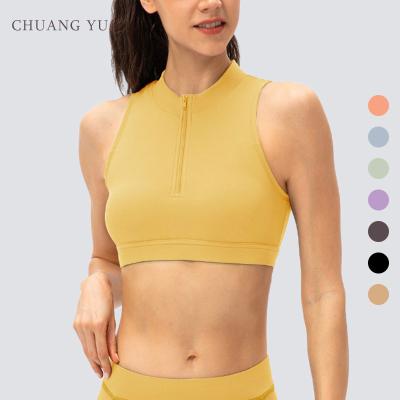 China Other Half round zipper neck, sleeveless, sexy strap back loop for slim stretch fitness yoga top for women for sale