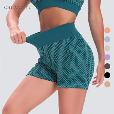 China CHUANGYU Anti-Wrinkle Yoga Shorts With Pockets High Waisted Biker Workout For Women Shorts Away Summer 2022 for sale