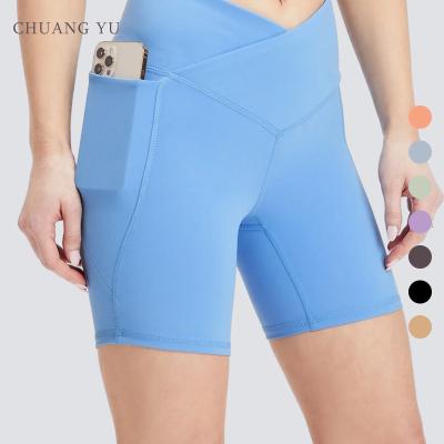 China Breathable Waist-in Shorts With A Hip Pocket Solid-Blue Color Advanced Sports Yoga Shorts for sale