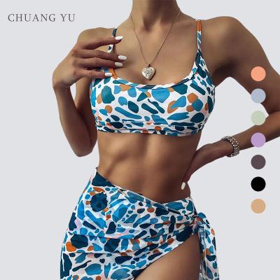 China 2022 new design swimwear sexy floral print breathable lace up three piece bikini waist halter top for ladies for sale