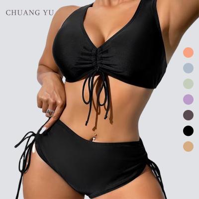 China 2022 New Design Swimwear Sexy Solid Breathable Lace Up Deep V-Neck Pleated High Waist Halter 2 Piece Bikini For Ladies for sale