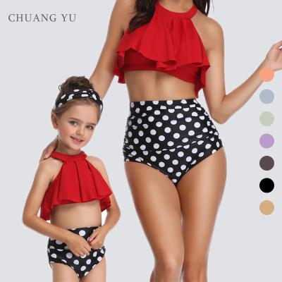 China 2022 New Design 2022 High Waist Dot Print Halter Breathable Family Swimwear 2 Piece Bikinis For Mom And Daughter for sale