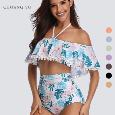 China 2022 New Design Famiy Swimwear Breathable Blue Floral Print One Shoulder High Waist 2 Piece Bikinis For Girl And Mom for sale