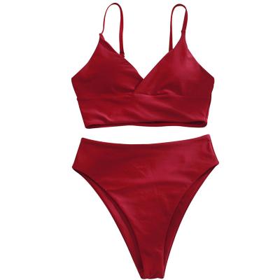 China 2022 New Design Breathable Solid Sexy High Leg Swimwear 2 Pieces Nylon Bikini With Chest Pad For Ladies for sale