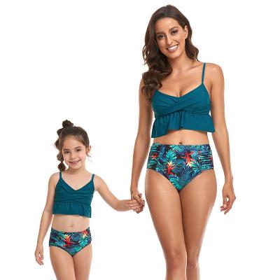 China Breathable 2022 New Design Family Swimwear Floral Print Back Lace Up Pleated 2 Piece Bikinis For Mom And Daughter for sale