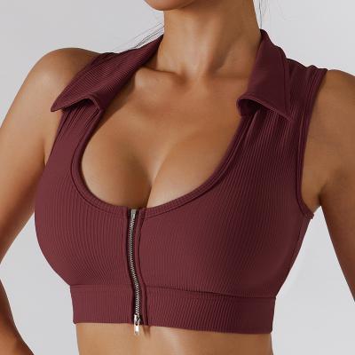 China Breathable Sexy Naked Back Crop Workout High Lapel Runner Zipper Solid Color Yoga Sports Bra Top For Women for sale