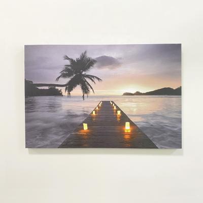 China Modern Custom Led Lights Coastal Bridge Candle Canvas Print With 8 Led Lights Wall Art for sale