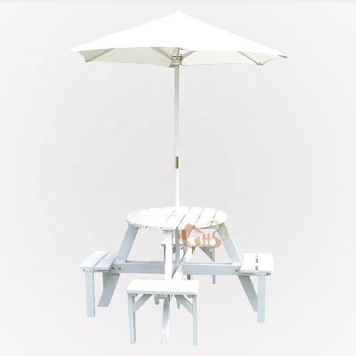 China Modern Friendly Outdoor Garden Seat Backyard Kids Children Wooden Picnic Table and Bench with Parasol Sun Shade for sale