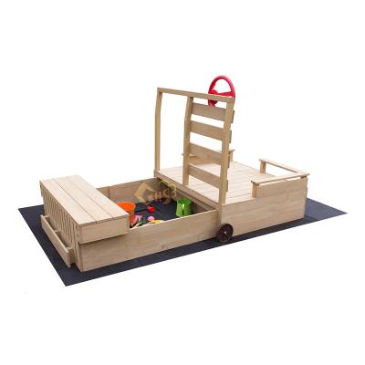 China Outdoor Solid Wood Kids Car Train Wooden Pullable Sandbox With Seat And Drawer Storage Wheel For Kids for sale