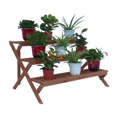 China Free Expandable Outdoor Garden 3 Layer Row Flower Plant Wooden Shelf Rack for sale