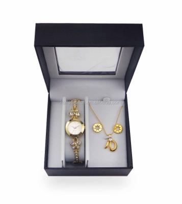 China Factory direct wholesale 2015 popular china alarm fashion lady gift gold jewelry watch set newest for sale