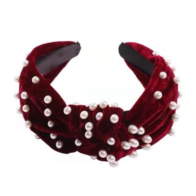 China Fashion European and American style wide knotted fabric all-match inlaid pearl candy color hot-selling headband for sale