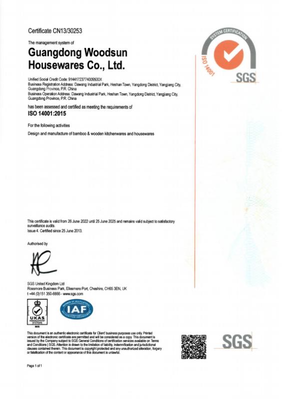 ISO14001 - Guangdong Woodsun Housewares Co., Ltd.