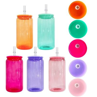 China Sustainable 16oz Sublimation Glass Tumbler Glass Cups Juice Jar Iced Beverage Beer Can Cups Coffee Mugs With Colored Plastic Lids & Straws for sale