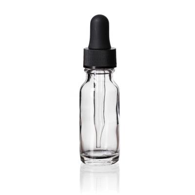 China Cosmetic 1/2 Ounce Clear Boston 0.5 Ounce 1 Ounce 15ml 30ml Round Bottles With Glass Dropper And Black Polypropylene Cap for sale