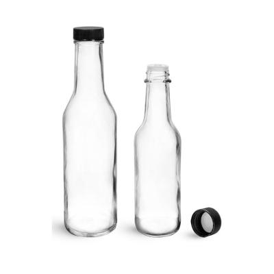 China Food 5 Ounce 8 Ounce 10 Ounce Sauce Beverage Empty Glass Bottles Clear Glass Dazed Bottles With Striped Caps Red Black Ribbed Orifice Reducers for sale