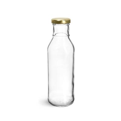 China Food 12 Ounce 350ml Clear Glass Beverage Sauce Bottles Wide Mouth With Gold Metal Hook Caps Screw Caps With Food Grade Coating for sale