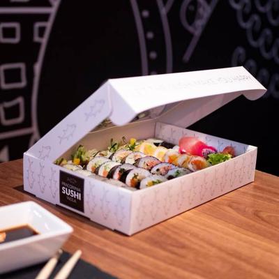 China Recycled Materials Customized Logo Printing Hot Food Take Out Paper Food Grade Paper Box Sushi Takeout Box for sale