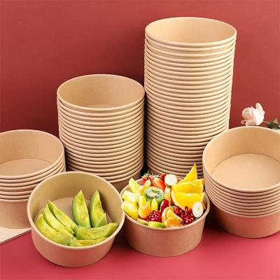 China Customized 500ml Disposable Salad Paper Bowl Container Wrapping Paper Moisture Proof Round Disposable Bowl With Lid for sale