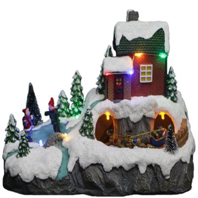 China Artificial Resin Christmas Village With Led Light And Moving Reindeer Sleigh Lit Musical Village Christmas Resin for sale