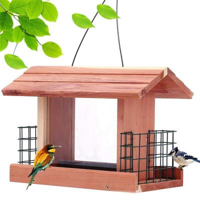 China Outdoor Non-automatic Ranch Yard Wooden Tree Hanging Window Transparent Bird Feeder for sale