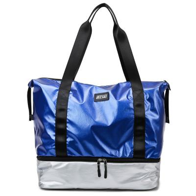 China Outdoor Fashion Shiny PU Leather Women's Travel Bags Girl Weekender Carry On Sports Gym Workout Duffel Bag for sale