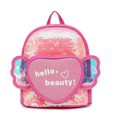 China Shiny School Bag Cute Fly Girls School Bag Lovers PU Kids Backpack Bags Sequins Wings Design Kindergarten Daypack Bag for sale