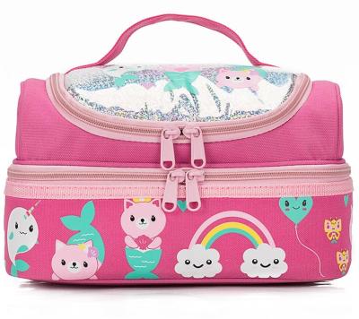 China Cute Large Capacity Printing Tote Bag Large Capacity Children Thermal Lunch Bag Cooler Double Deck Picnic Bag for sale