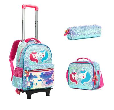 China Large Capacity Amazon Children School Backpack Lunch Bag Cute Girls 3pcs Sequin Backpack Set Trolley Wholesale Unicorn School Bag Detachable for sale