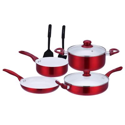 China Durable Good Quality Cookware Set Round Milk Pan Aluminum Stick Non Ceramic Cookware Coating With Bakelite Handle With Red Color for sale