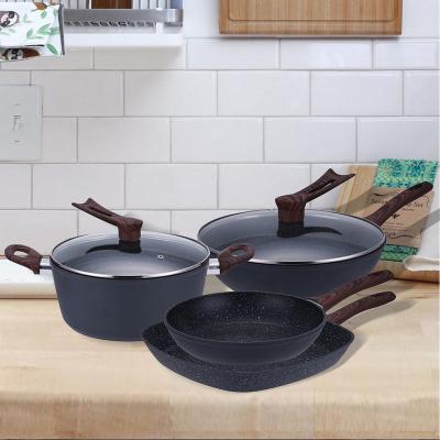 China Sustainable Cookware Set Forged Kitchenware Sauce Pan Frying Pan Aluminum Casserole Set Bakelite Non-Stick Marble Coated Handle for sale